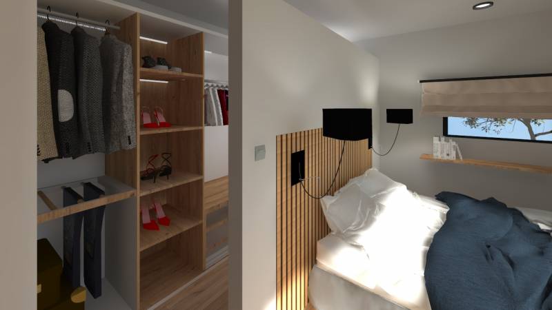 Vue intérieur 3D d'une construction en ossature bois proche de Montpellier, création d'une chambre indépendante dans un jardin